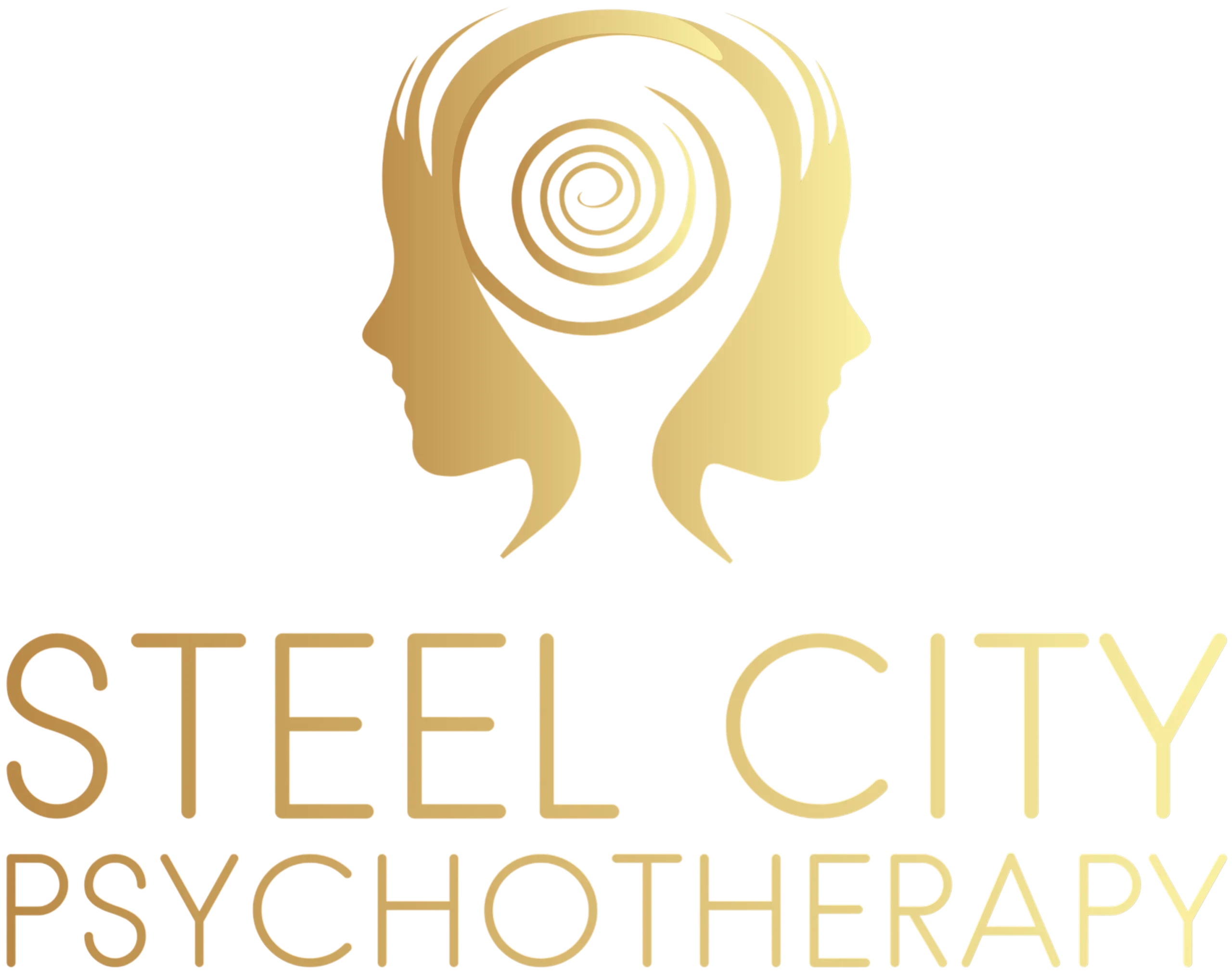 The logo for Steel City Counselling and Psychotherapy, a mental health practice in Sheffield. The logo features a golden emblem of two faces and a spiral design.